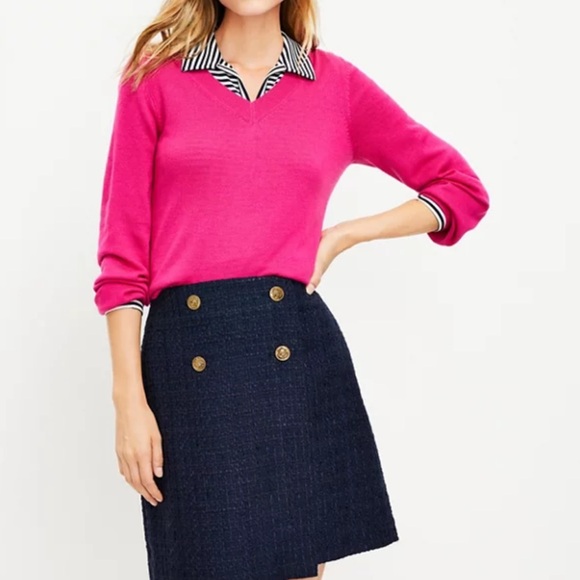 LOFT Navy Blue Midi Skirt with Gold Buttons - Picture 2 of 4